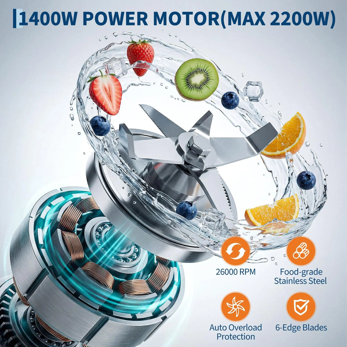1400W High-Speed Blender, 26,000 RPM Countertop Smoothie Maker with 6 Stainless Steel Blades, Ice Crushing, 300ml Travel Cup & Stirring Rod, Black