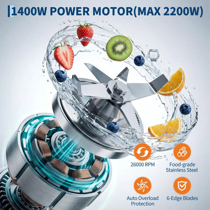 1400W High-Speed Blender, 26,000 RPM Countertop Smoothie Maker with 6 Stainless Steel Blades, Ice Crushing, 300ml Travel Cup & Stirring Rod, Black