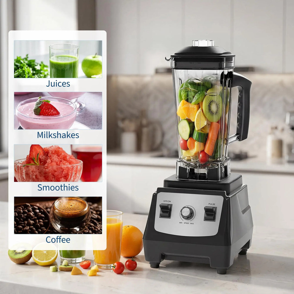 1400W High-Speed Blender, 26,000 RPM Countertop Smoothie Maker with 6 Stainless Steel Blades, Ice Crushing, 300ml Travel Cup & Stirring Rod, Black